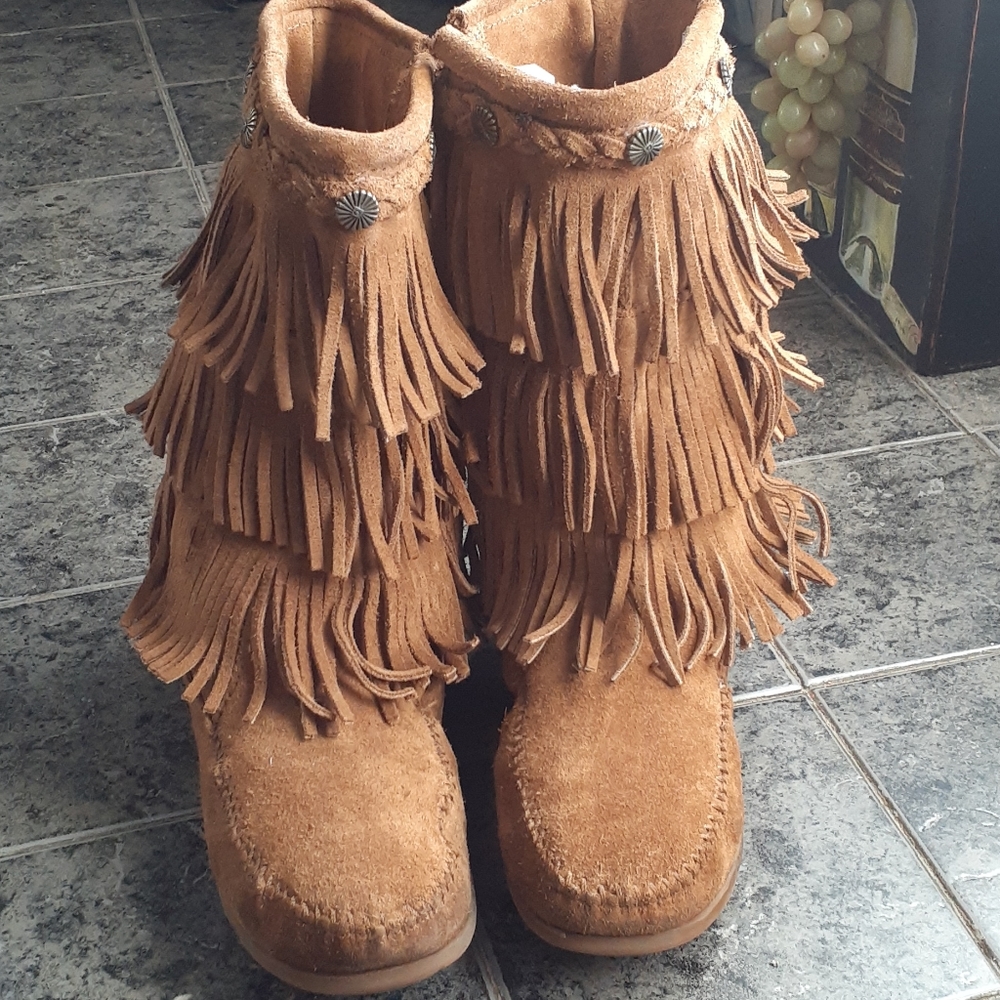 Kids Fringe Suede Moccasin Boots - Tan